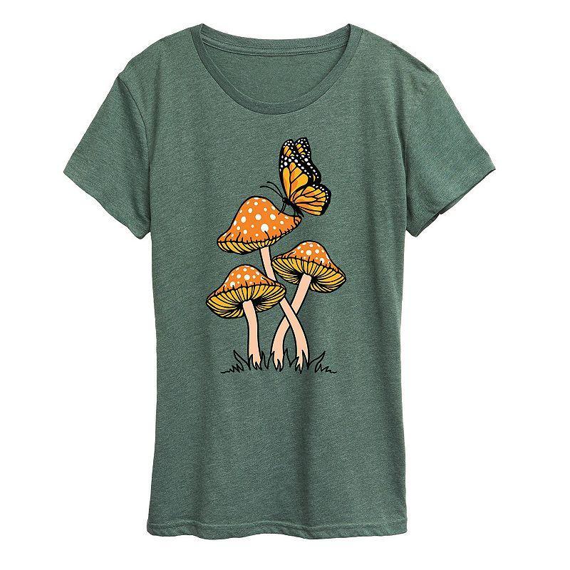 Womens Mushrooms With Butterfly Graphic Tee Green Product Image