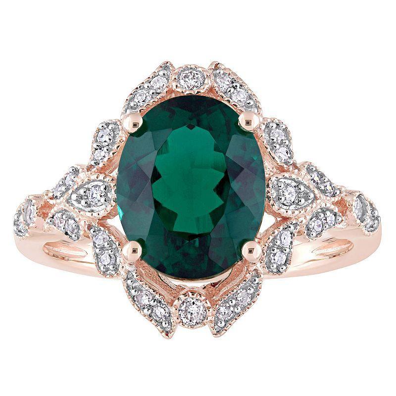 Stella Grace 10k Rose Gold Lab-Created Emerald & 1/5 Carat T.W Diamond Vintage Cocktail Ring, Womens Green Product Image