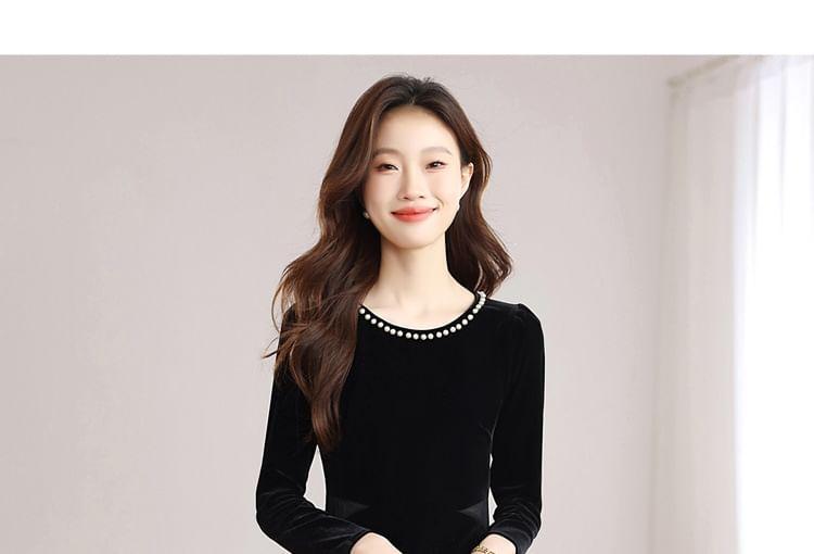 Long-Sleeve Crew Neck Mesh Panel Faux Pearl Accent Slit Velvet Midi Sheath Dress Product Image