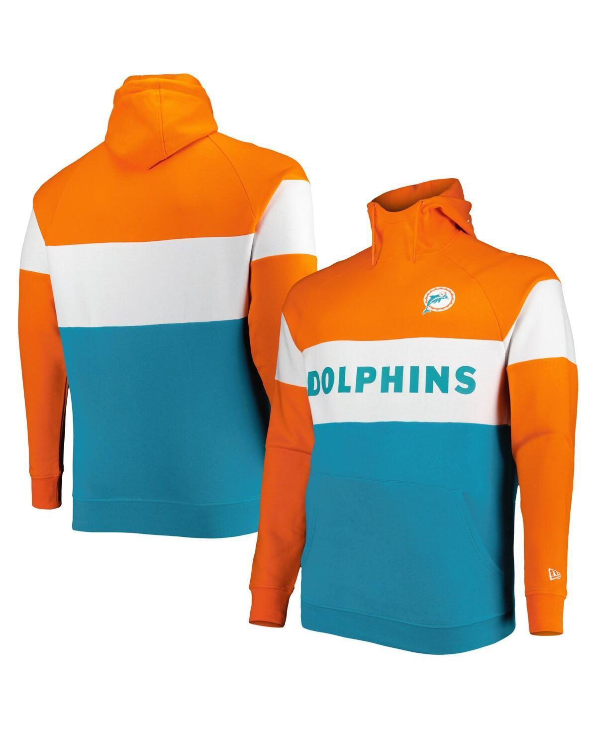 Mens New Era Aqua Miami Dolphins Big & Tall Throwback Colorblock Raglan Pullover Hoodie Turquoise A Product Image