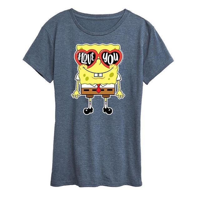 Womens Spongebob Squarepants Love You Heart Glasses Graphic Tee Grey Red Product Image