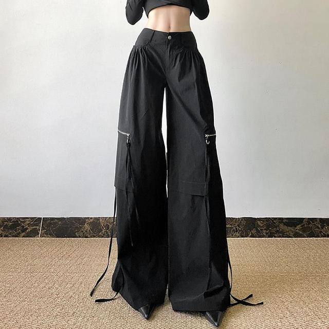 High Rise Plain Wide Leg Cargo Pants Product Image