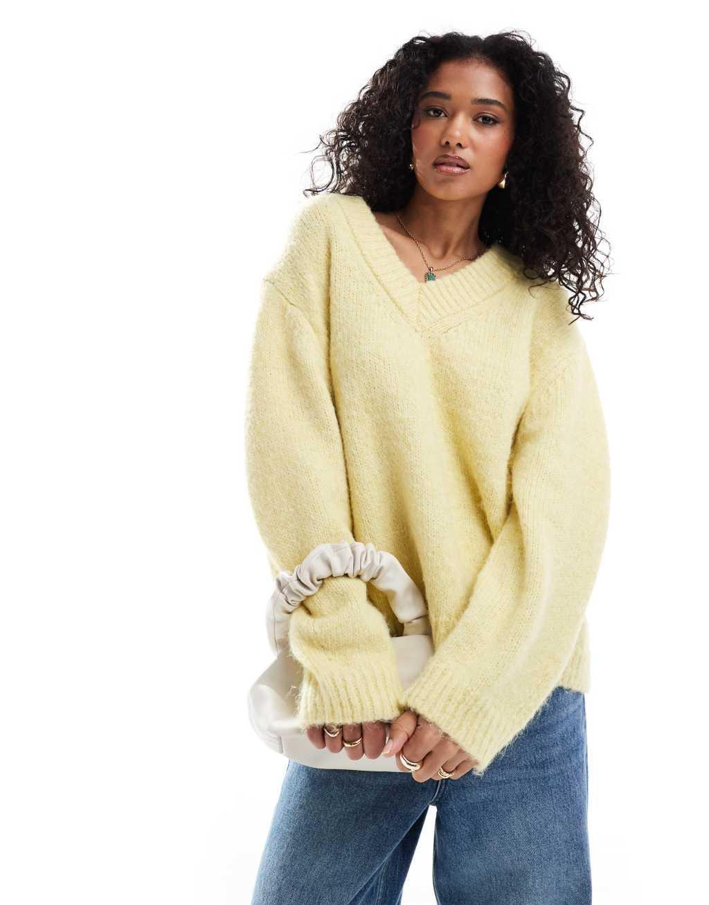 ASOS DESIGN v neck oversized sweater in lime Product Image