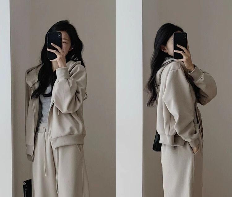 Set: Hooded Plain Zip Jacket + Drawstring Waist Plain Wide Leg Pants Product Image