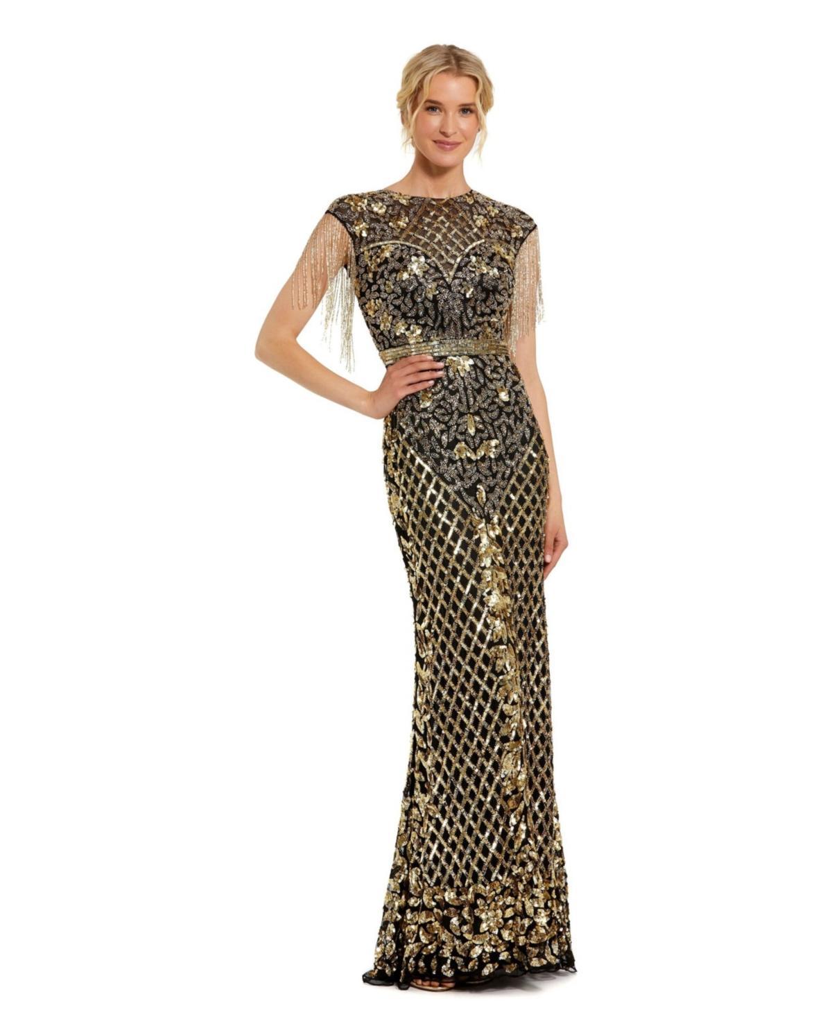 Mac Duggal Womens High Neck Sleeveless Beaded Fringe Fitted Gown Product Image