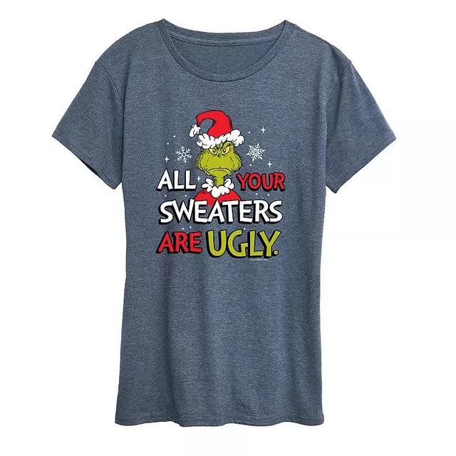 Womens Dr. Seuss The Grinch Sweaters Are Ugly Graphic Tee, Girls Grey Green Product Image