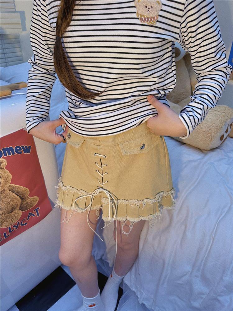 High Waist Plain Lace-Up Mini A-Line Skirt Product Image