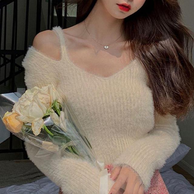 Cold-Shoulder Plain Ribbed Sweater Product Image