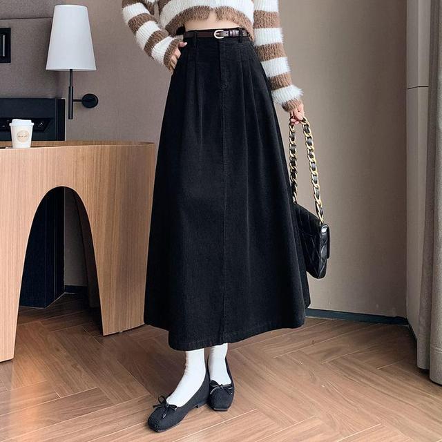 High Waist Corduroy Midi A-Line Skirt Product Image