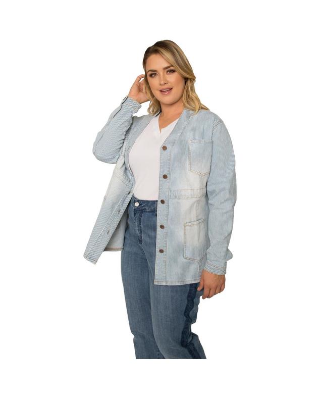 Womens Plus Size Pinstripe Denim Collarless Jacket Product Image