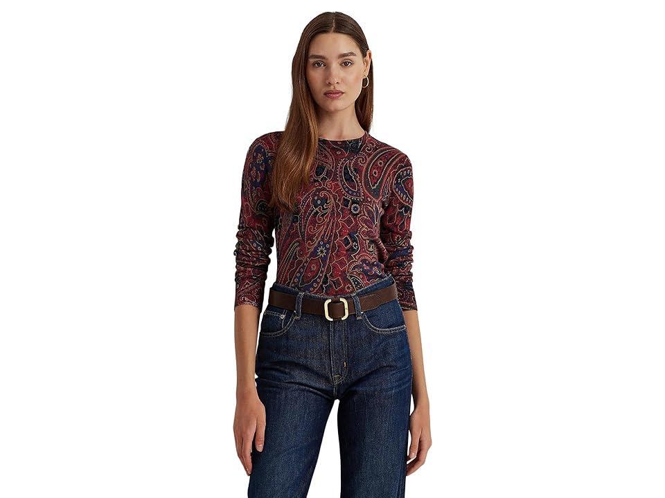 Lauren Ralph Lauren Checked Paisley Cotton-Blend Sweater Black/Multi) Women's Sweater Product Image