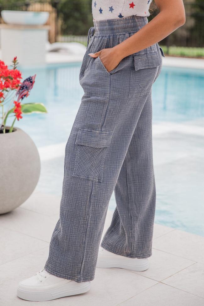 Here We Go Again Navy Acid Wash Gauze Cargo Pants Product Image