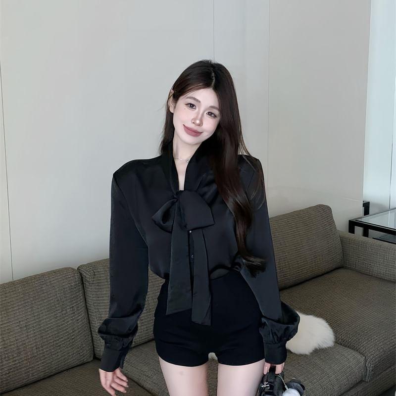 Tie-Neck Plain Blouse Product Image