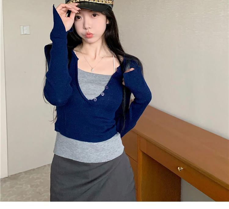 V-Neck Long Sleeve Mock Two Piece Knitted Top Product Image