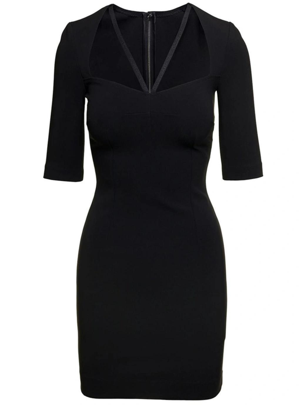 DOLCE & GABBANA Black Mini Dress With Short Sleeves And Neckline Detail In Viscose Blend Woman In Negro Product Image