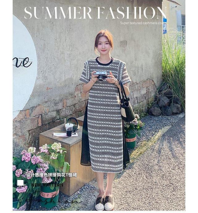 Short-Sleeve Crew Neck Patterned Knit Midi Shift Dress Product Image