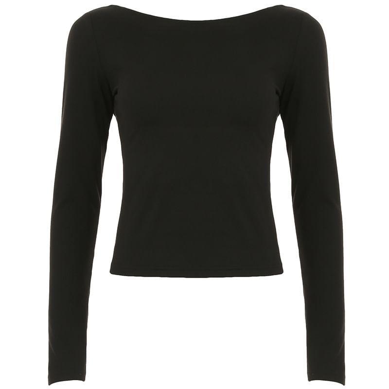 Long Sleeve Plain Open-Back Bow Accent Slim-Fit Top Product Image