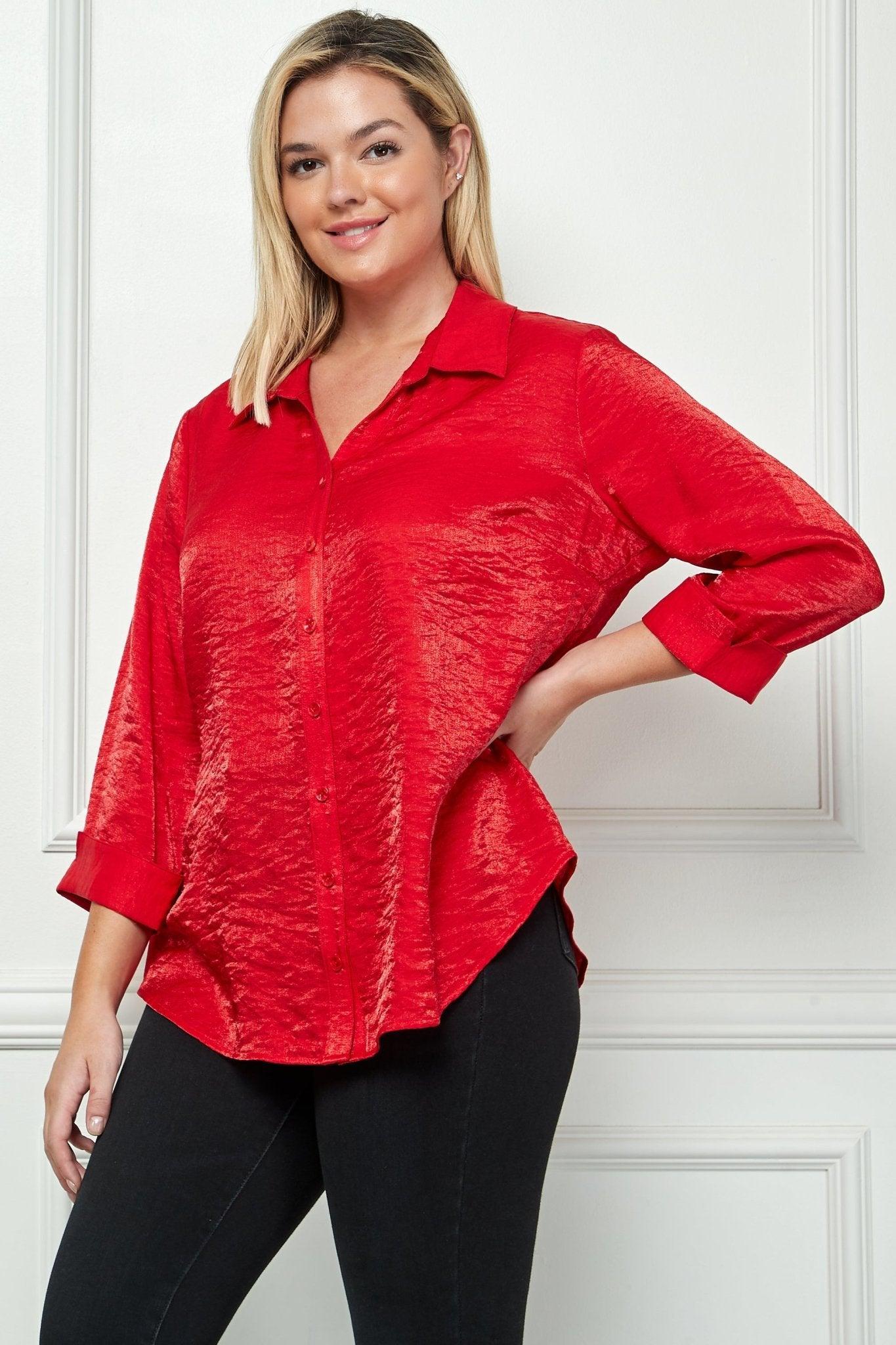 3/4 Notch Sleeve Button Front Shirt Top- Plus Product Image