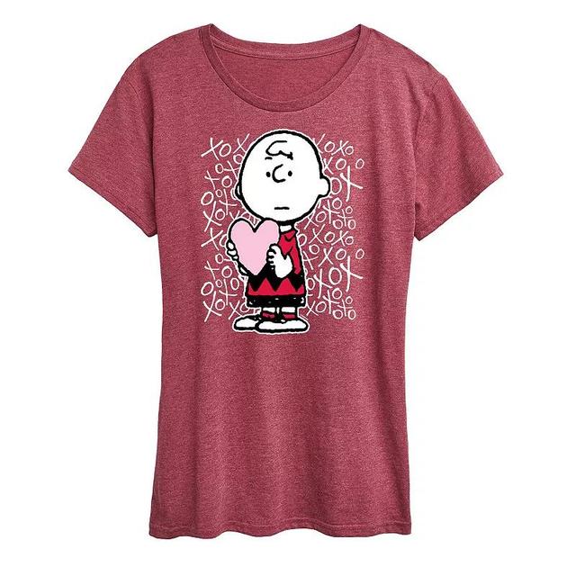 Womens Peanuts Charlie Brown XOXO Graphic Tee Grey Dark Red Product Image