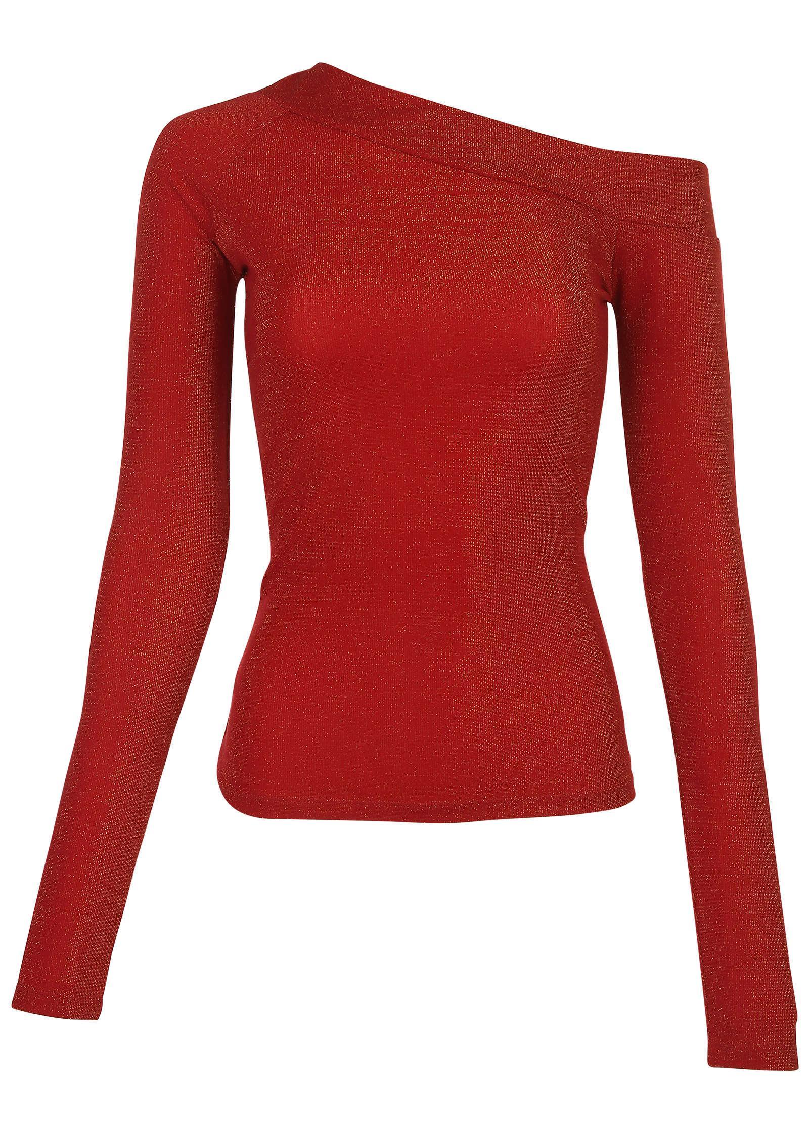 Glitter Knit One Shoulder Top - Racing Red Glitter Knit Product Image