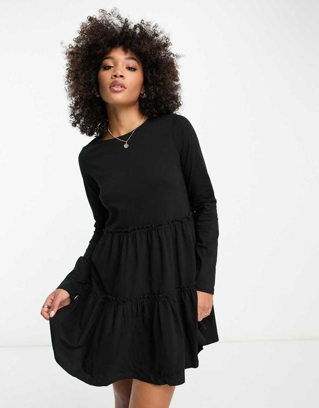 River Island long sleeved tiered smock mini T-shirt dress in black  Product Image