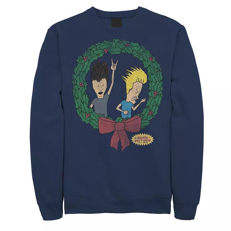 Mens Beavis and Butthead Rock On Christmas Wreath Sweatshirt Blue Product Image