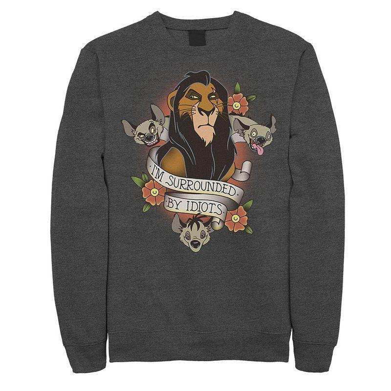 Disneys The Lion King Mens Scar With Hyenas Surrounded By Idiots Graphic Fleece Pullover Grey Heather Product Image