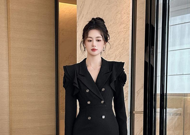 Peak Lapel Plain Ruffle Trim Slit Double-Breasted Sheath Blazer Dress Product Image