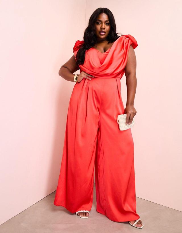 ASOS LUXE Curve satin corsage plunge neck wide leg jumpsuit in red Product Image