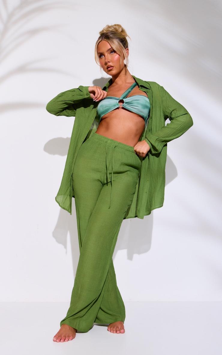 Dark Green Linen Look Oversized Beach Shirt Product Image