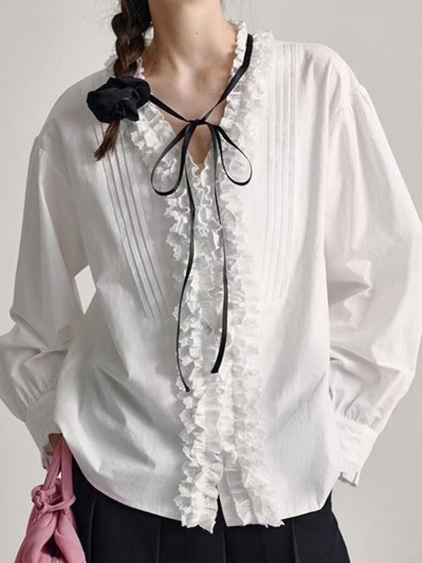 Long Sleeves Loose Ruffled Solid Color V-Neck Blouses&Shirts Tops Product Image