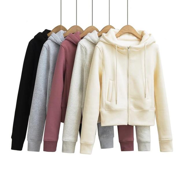 Drawstring Plain Crop Zip Hoodie Product Image