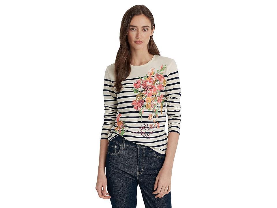 LAUREN Ralph Lauren Floral Striped Jersey Long Sleeve Tee (Mas Cream/French Navy) Women's T Shirt Product Image