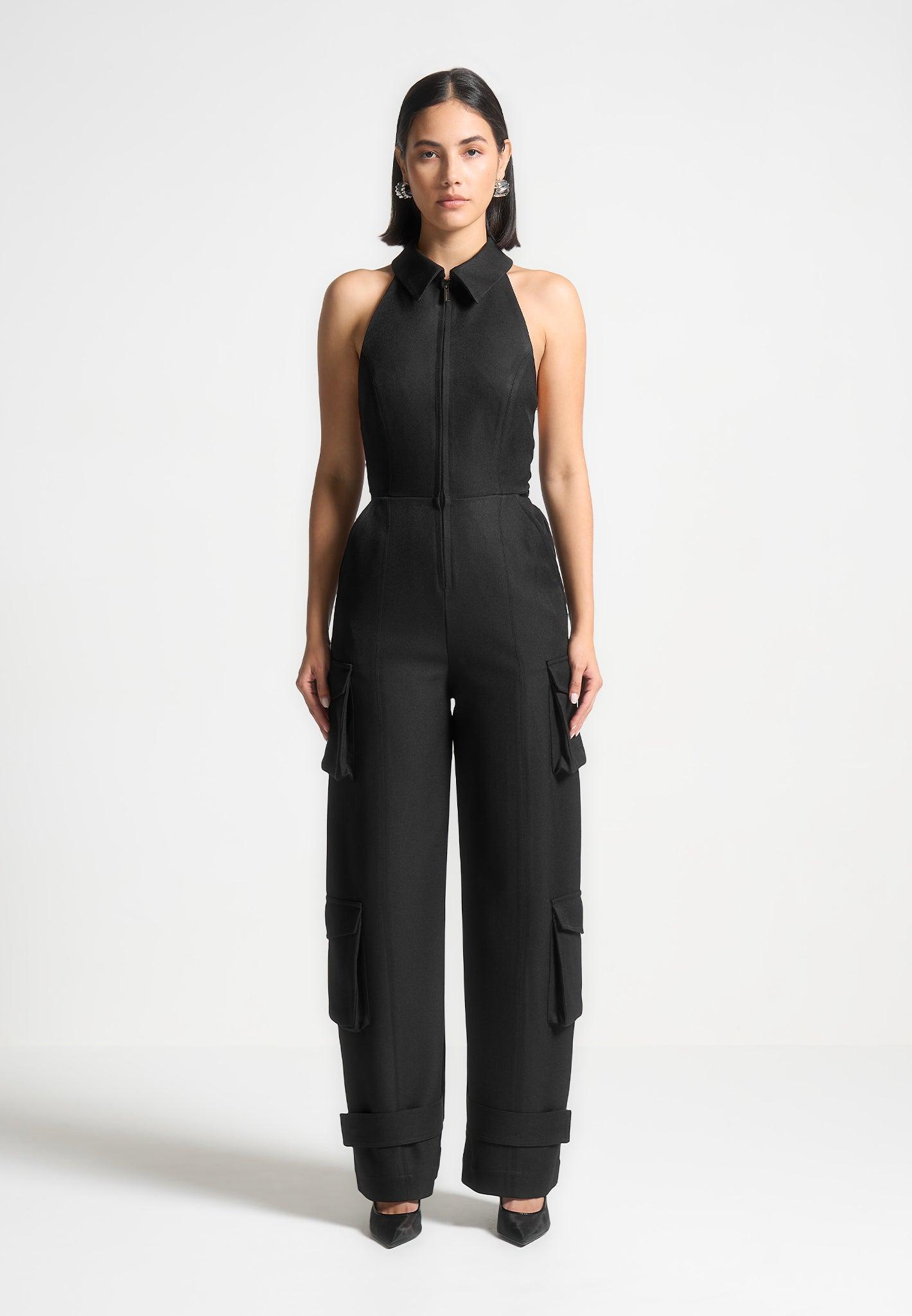 Tailored Halterneck Cargo Jumpsuit - Black Female Product Image