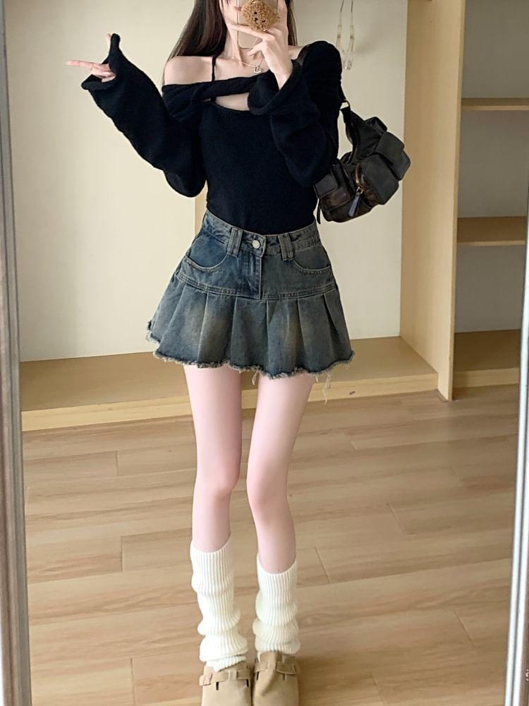 High Rise Washed Tassel Trim Pleated Mini A-Line Denim Skirt Product Image