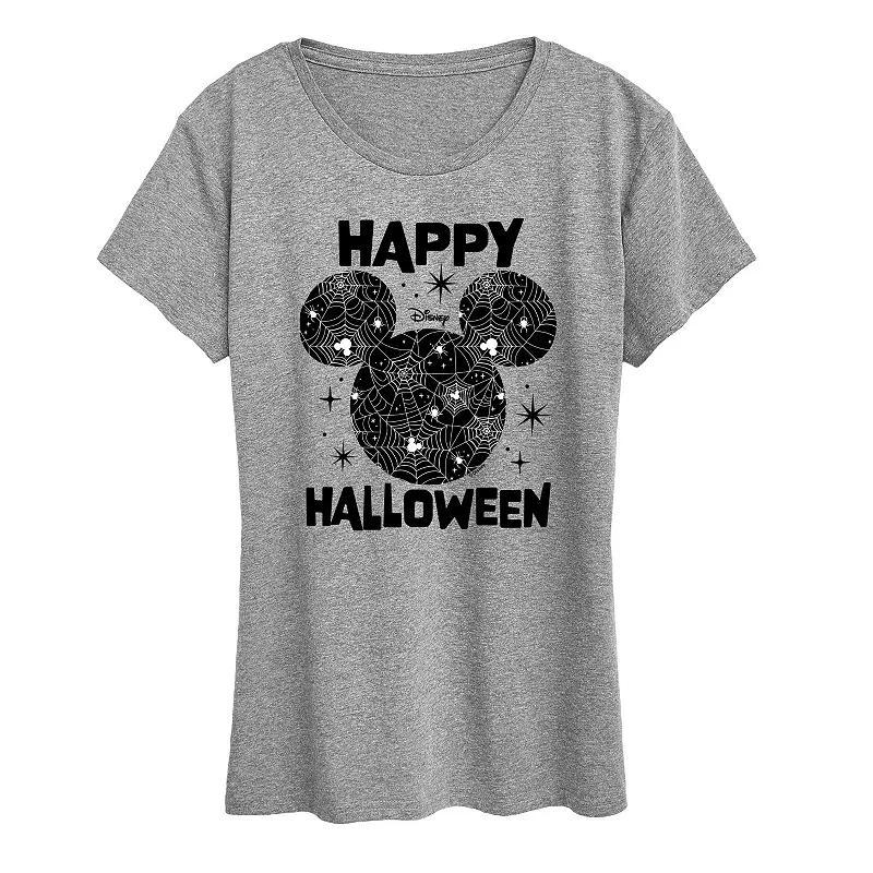 Disneys Mickey Mouse Womens Happy Halloween Spider Web Graphic Tee Grey Gray Product Image