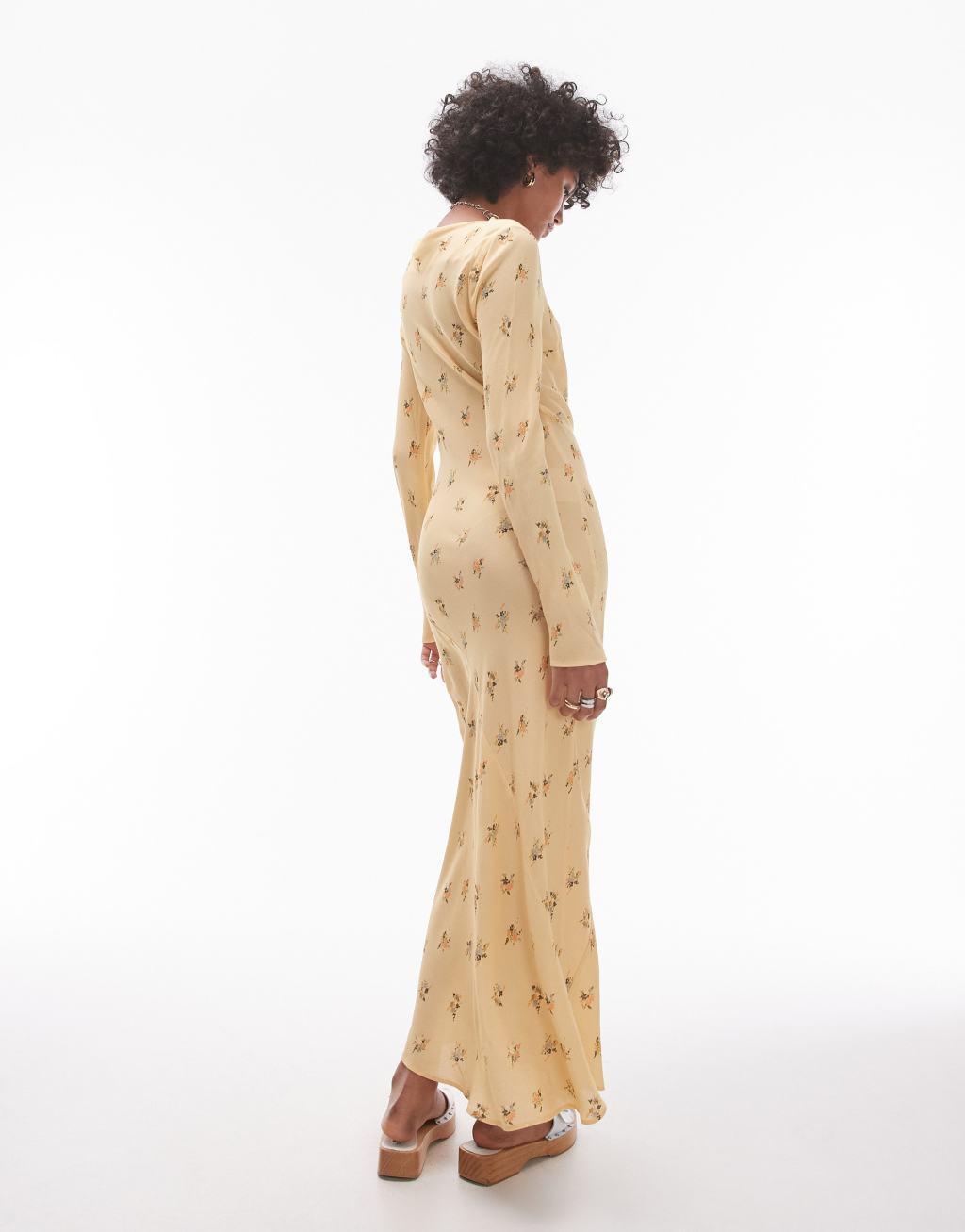 Topshop long sleeve slash neck maxi dress in yellow  Product Image