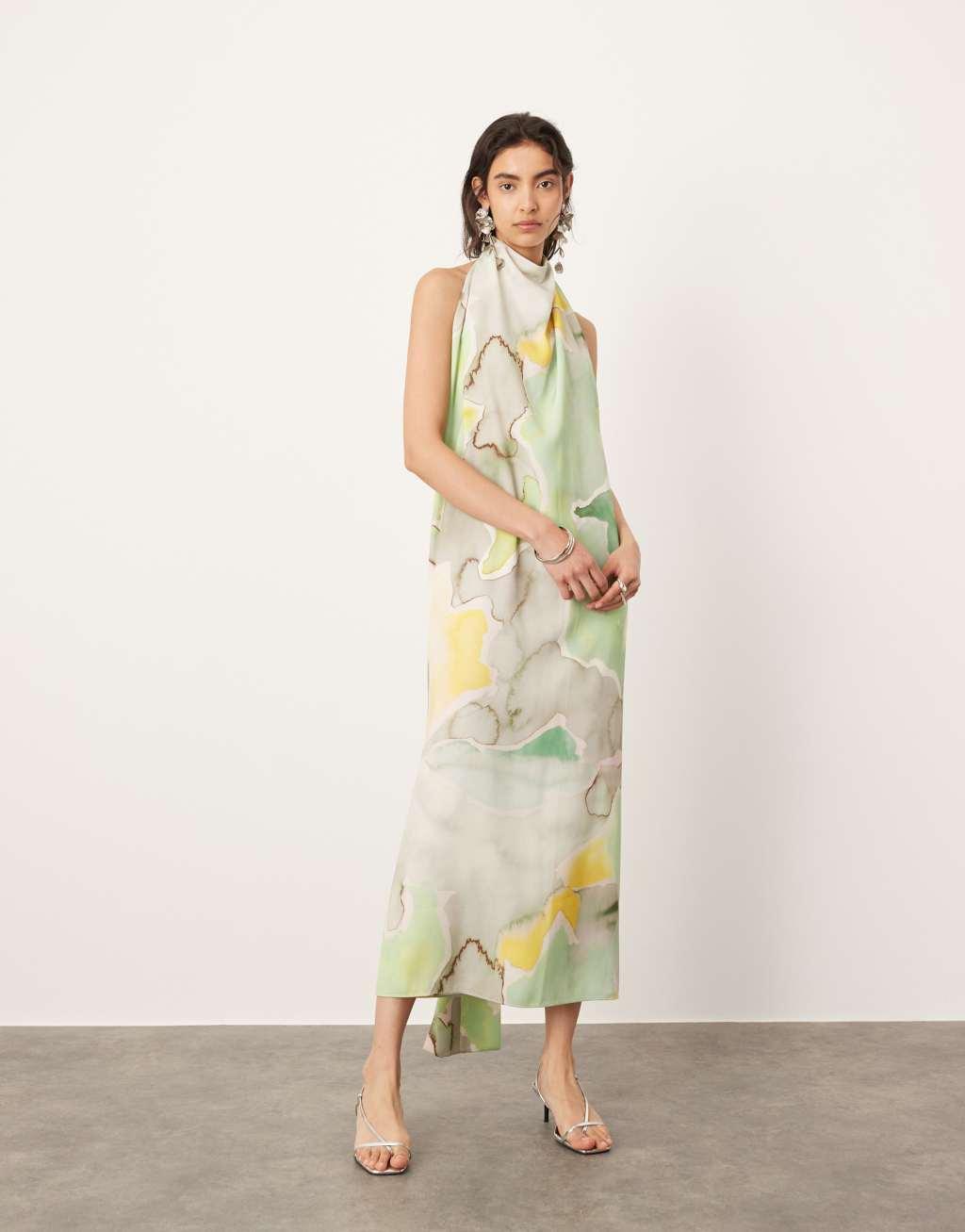 ASOS EDITION halterneck midi dress with drape detail in marble print product image