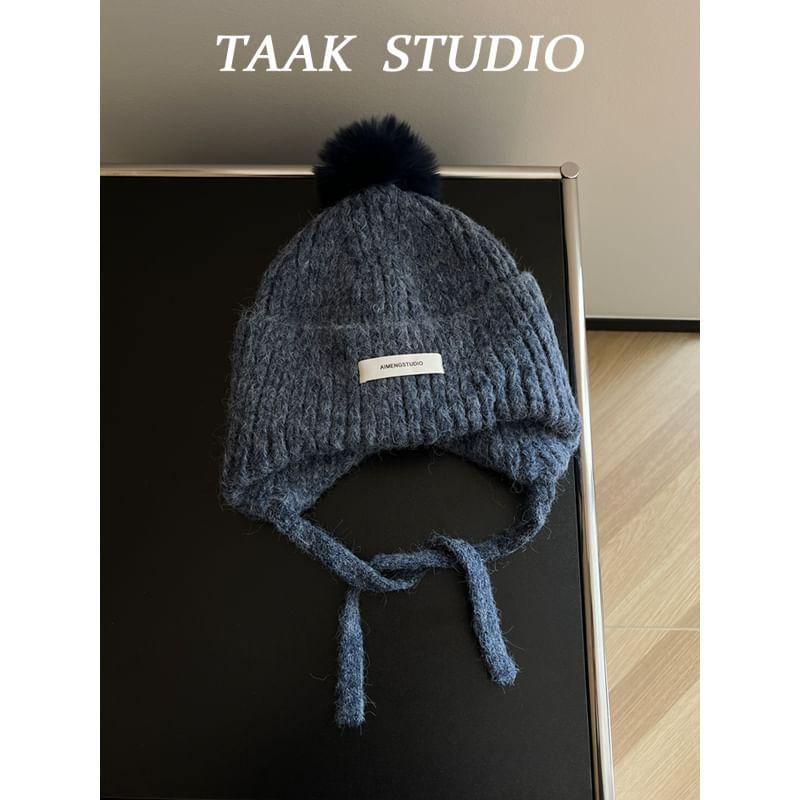 Applique Pom Pom Ribbed Knit Trapper Hat Product Image