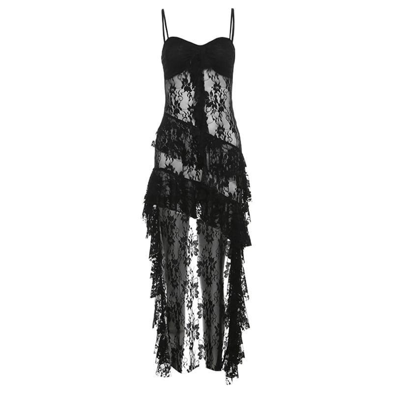 Spaghetti Strap Lace Panel Ruffled Asymmetric-Hem Mini Dress Product Image