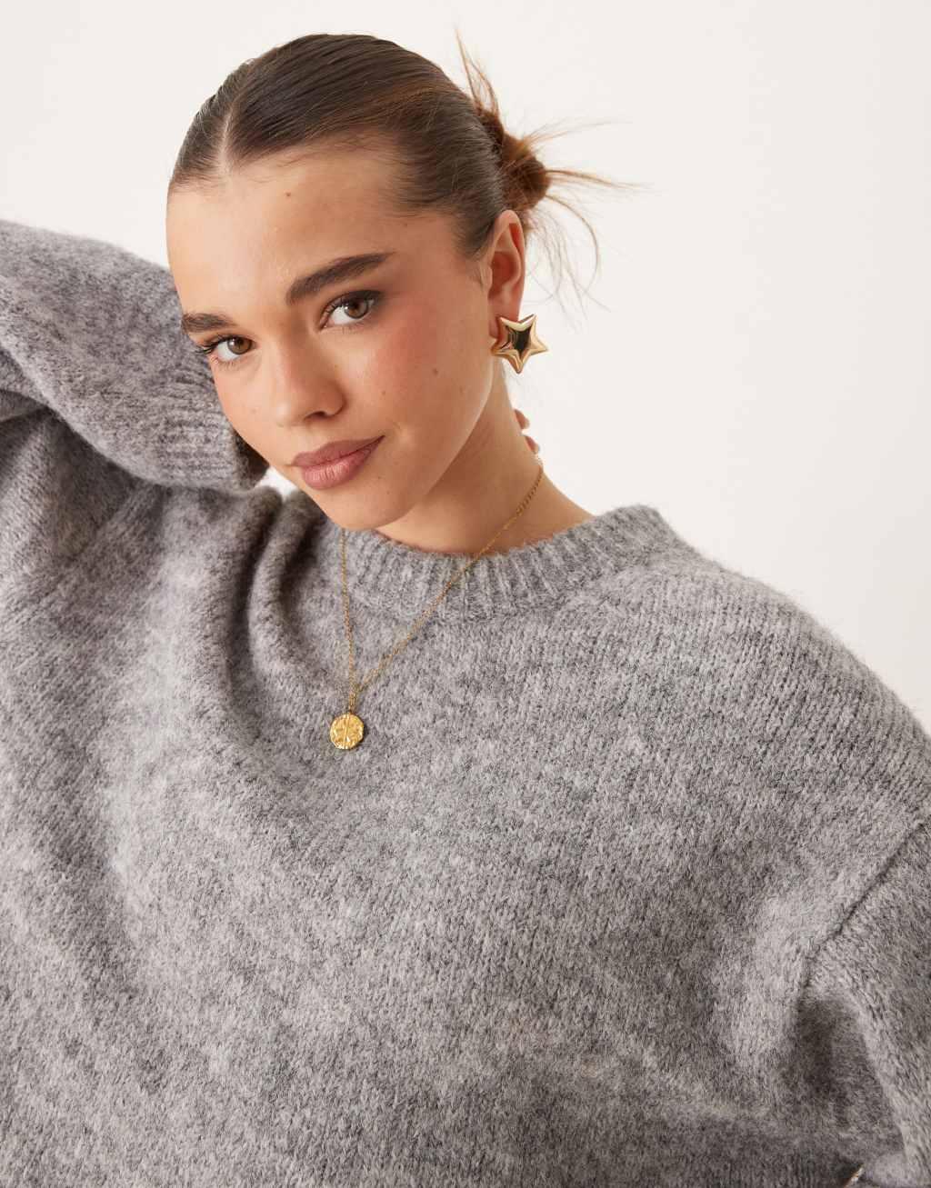 Gina Tricot super Soft knit oversized sweater in dark gray melange Product Image