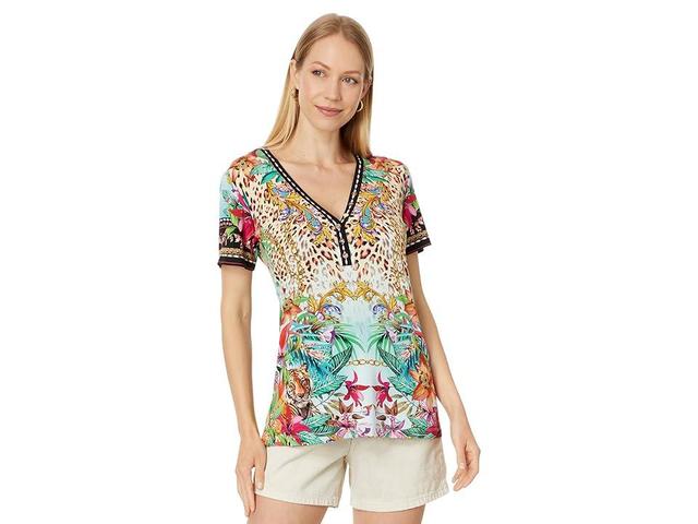 Johnny Was The Janie Favorite Short Sleeve Henley Tee- Miller (Miller Tigre Scarf Print) Women's Clothing Product Image