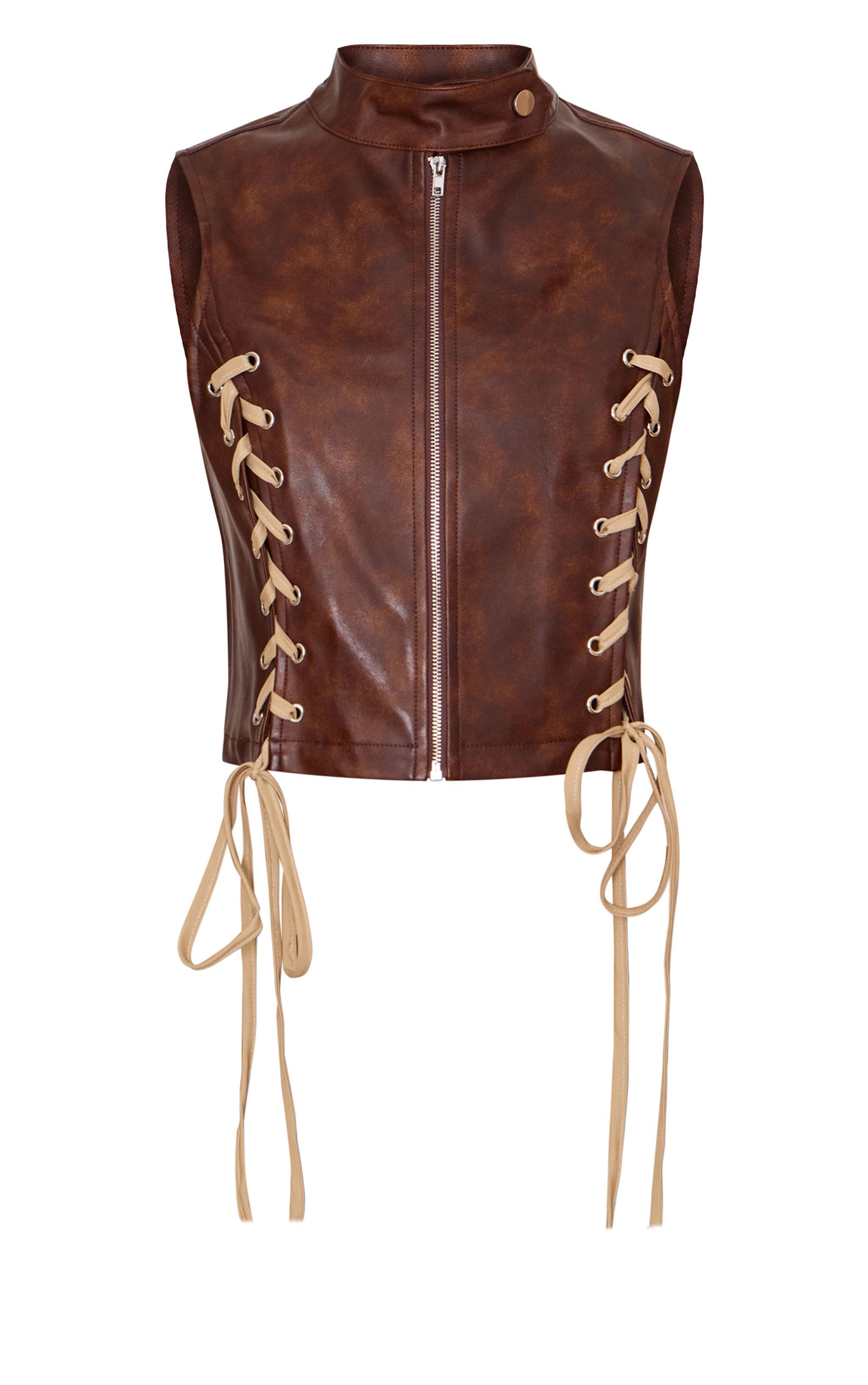 Petite Chocolate Faux Leather Lace Up Detail Zip Up Top Product Image