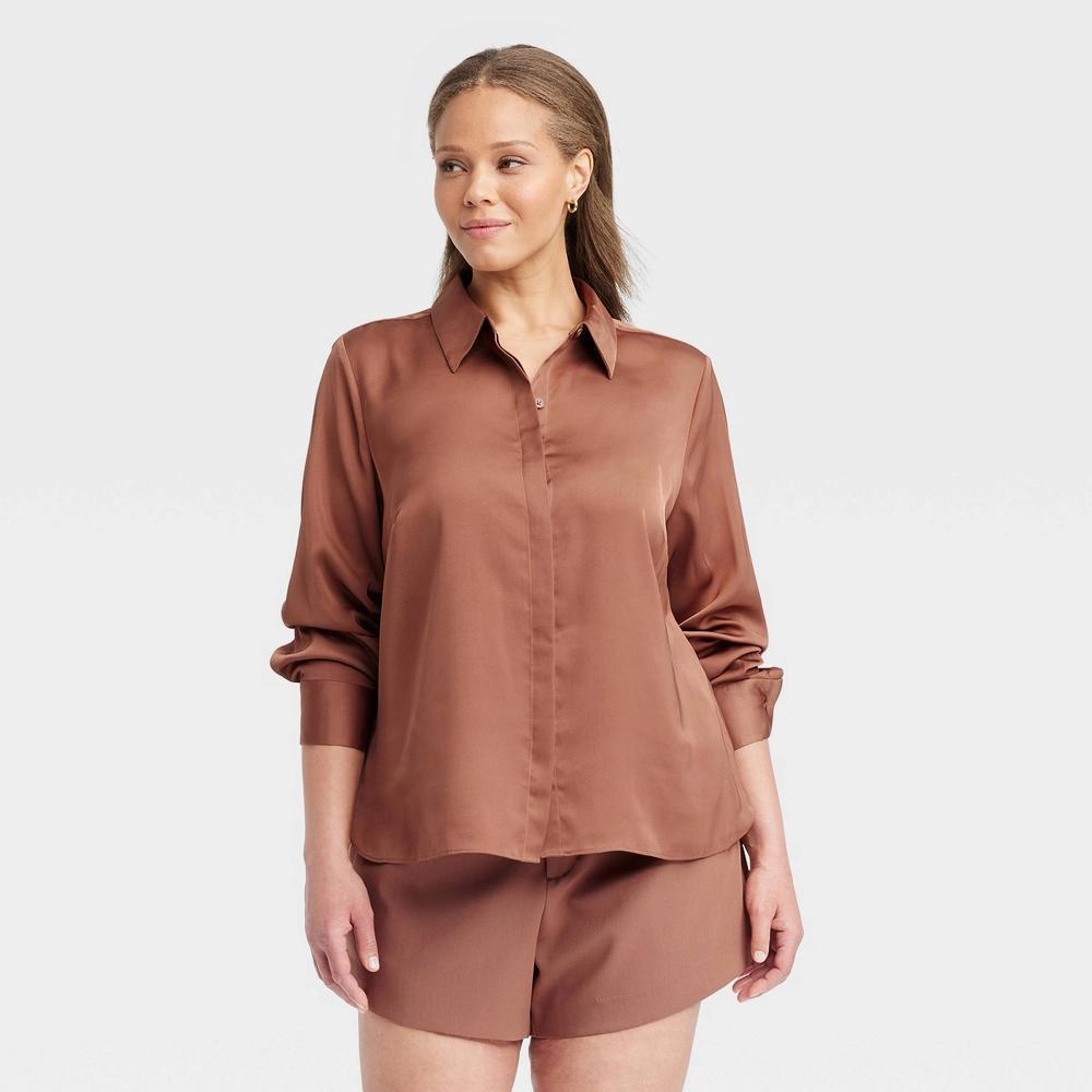 Womens Slim Fit Long Sleeve Satin Button-Down Shirt - A New Day Brown 4X product image