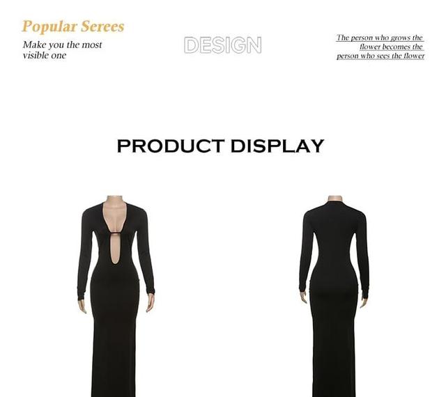 Long-Sleeve Scoop Neck Plain Maxi Bodycon Dress Product Image