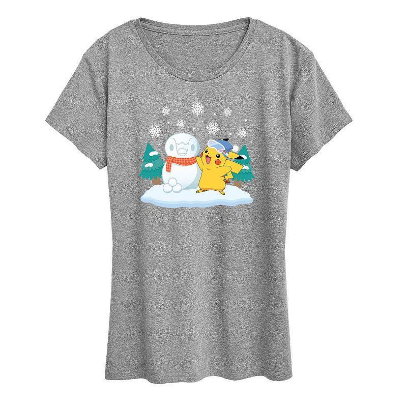 Missy Pokemon Pikachu Piplup Snowman Graphic Tee, Womens Grey Green Product Image