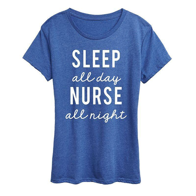 Womens Sleep All Day Nurse All Night Graphic Tee, Girls Grey Blue Product Image