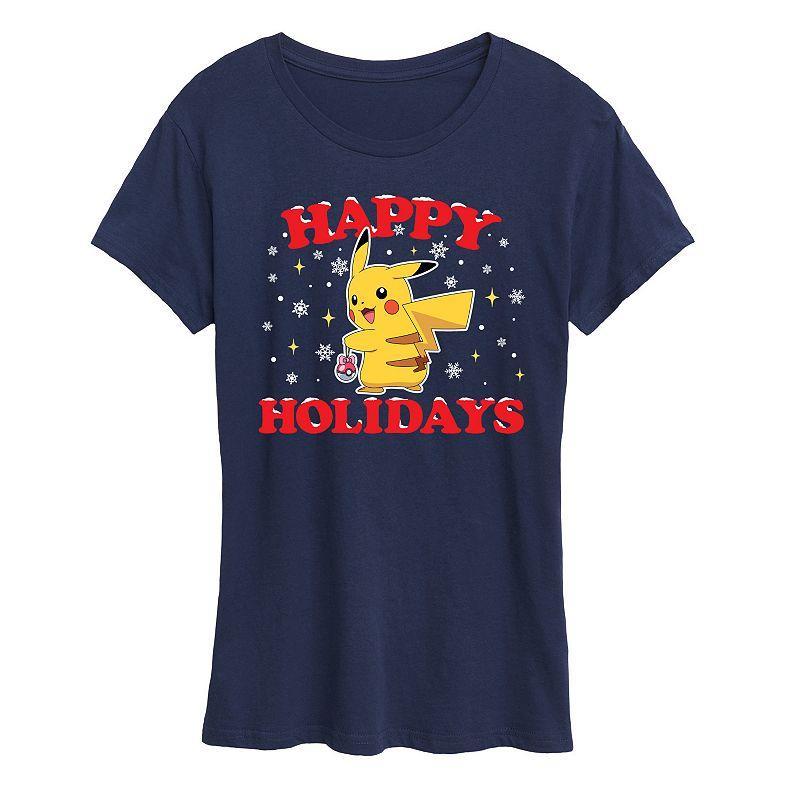 Womens Pokemon Happy Holidays Tee, Girls Grey Royal Blue Product Image