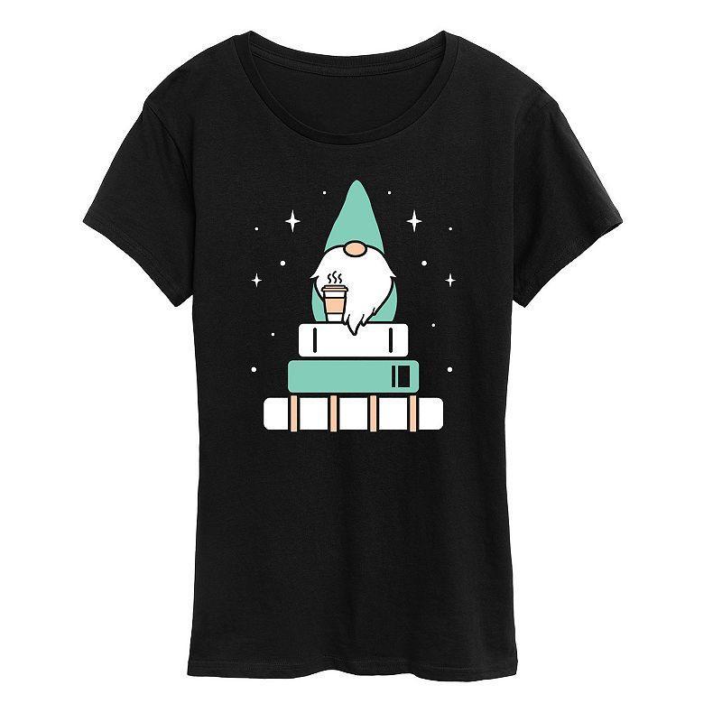 Womens Gnome with Coffee and Books Graphic Tee, Girls Product Image