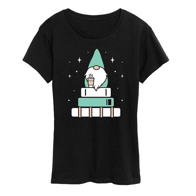 Womens Gnome with Coffee and Books Graphic Tee, Girls Grey Product Image